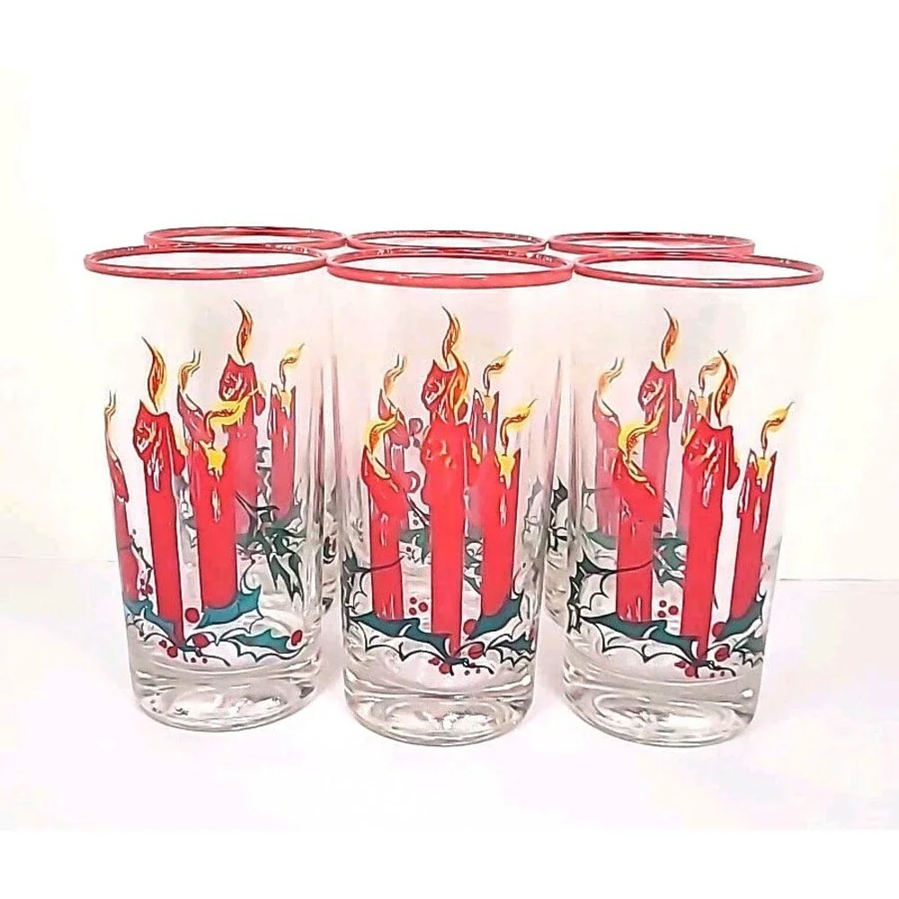 Vtg Christmas Federal Glass 6 Pc Tumblers Red Candles Holly Berry Red Green